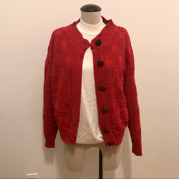 Vintage 1980’s Compagnie Internationale Express red knit buttoned cardigan - Picture 1 of 12